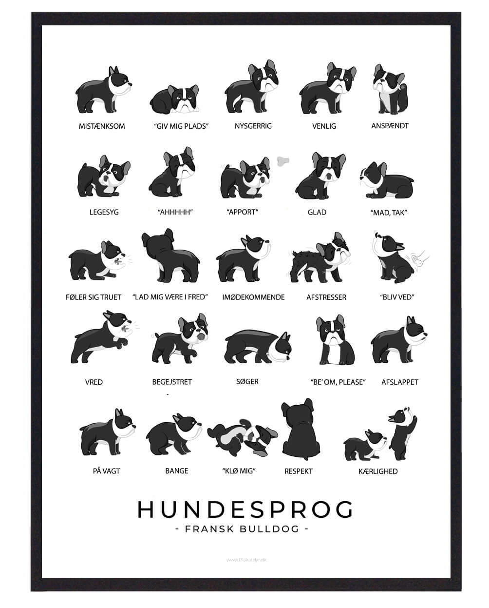 Fransk Bulldog Sort Plakat Hundesprog  Størrelse:   21x29 7cm  A4