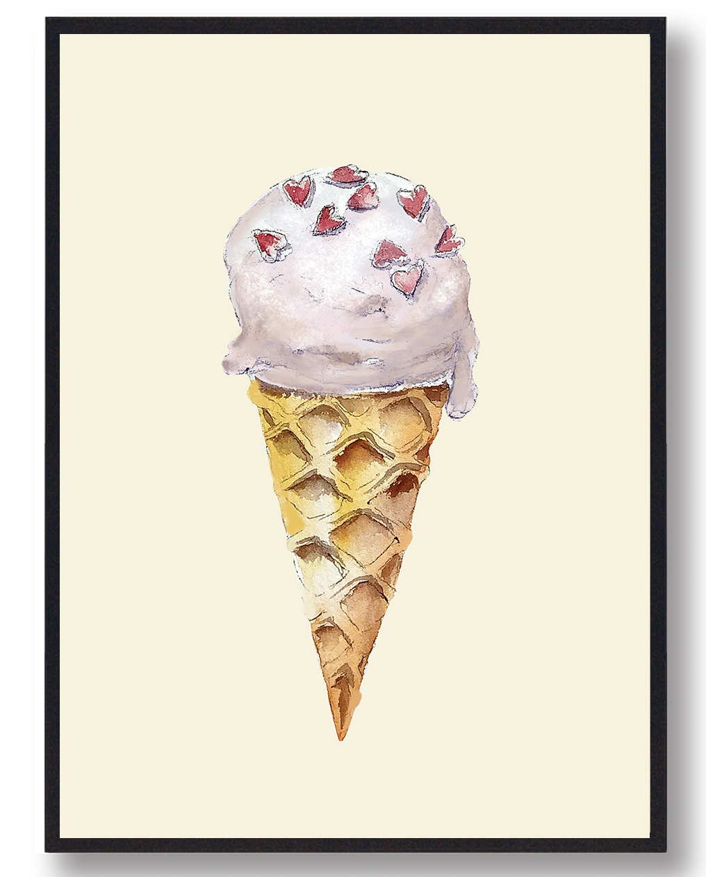 Isvaffel Med Hjerter Håndtegnet Plakat  Størrelse:   15x21cm  A5