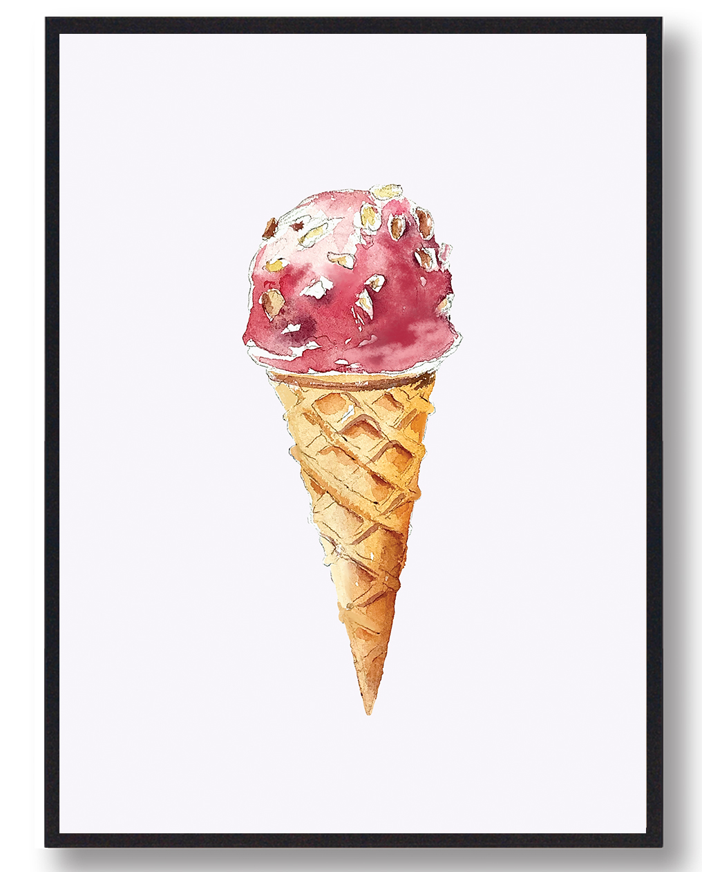 Isvaffel Med Jordbær Håndtegnet Plakat  Størrelse:   15x21cm  A5
