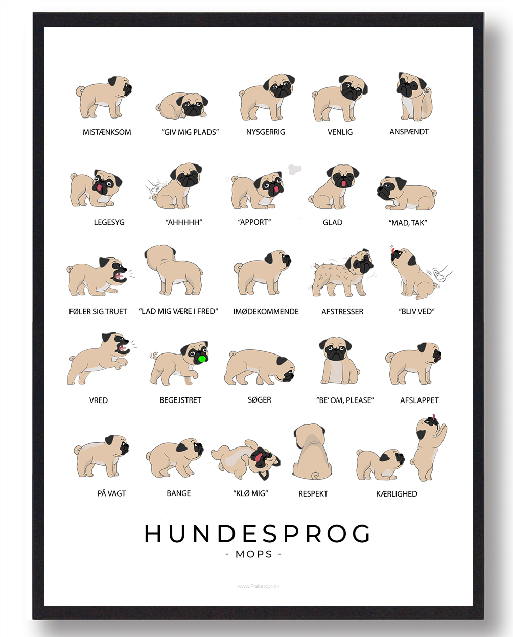 Mops Plakat Hundesprog  Størrelse:   21x29 7cm  A4