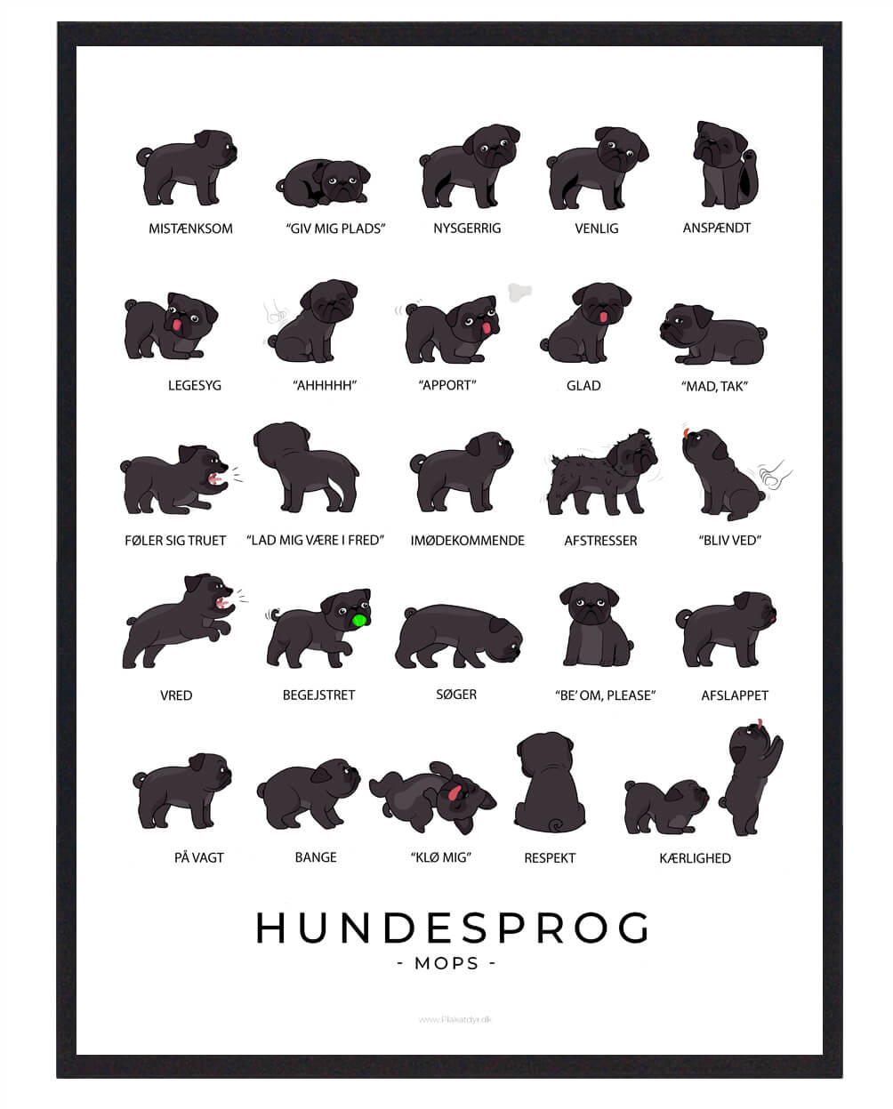 Mops Sort Plakat Hundesprog  Størrelse:   21x29 7cm  A4