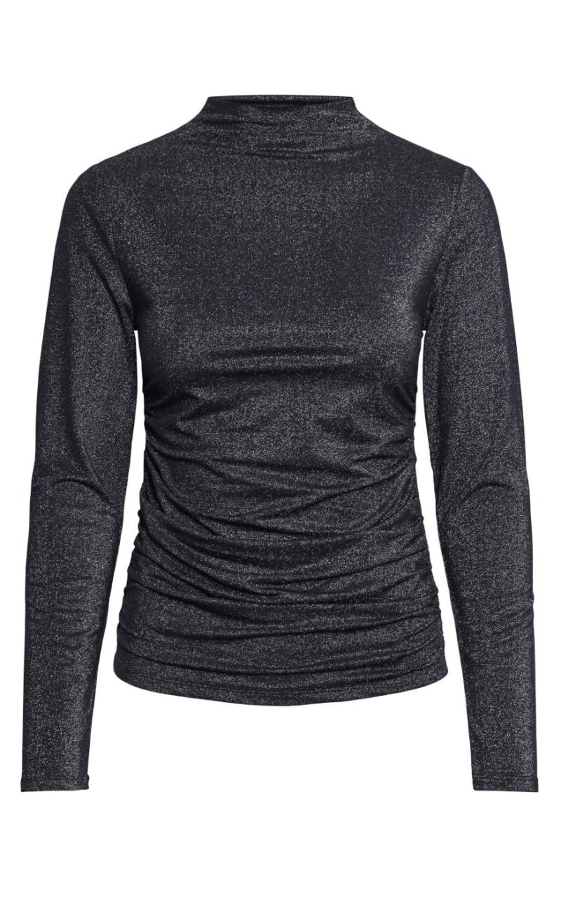 Bluse   Monica Ls Ruching Glitter  Black Silver fra Pieces