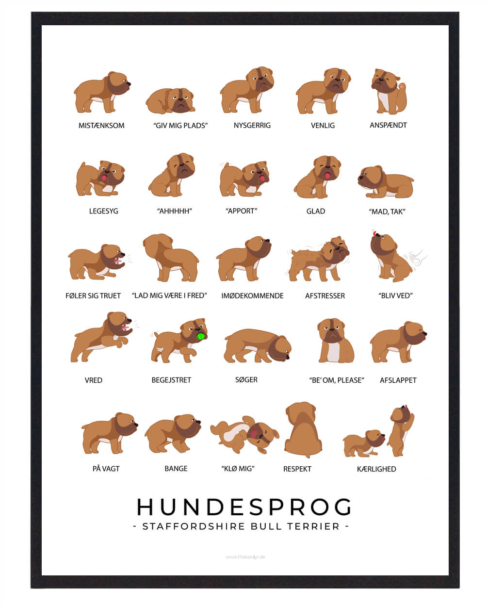 Staffordshire Bull Terrier Plakat Hundesprog  Størrelse:   21x29 7cm  A4