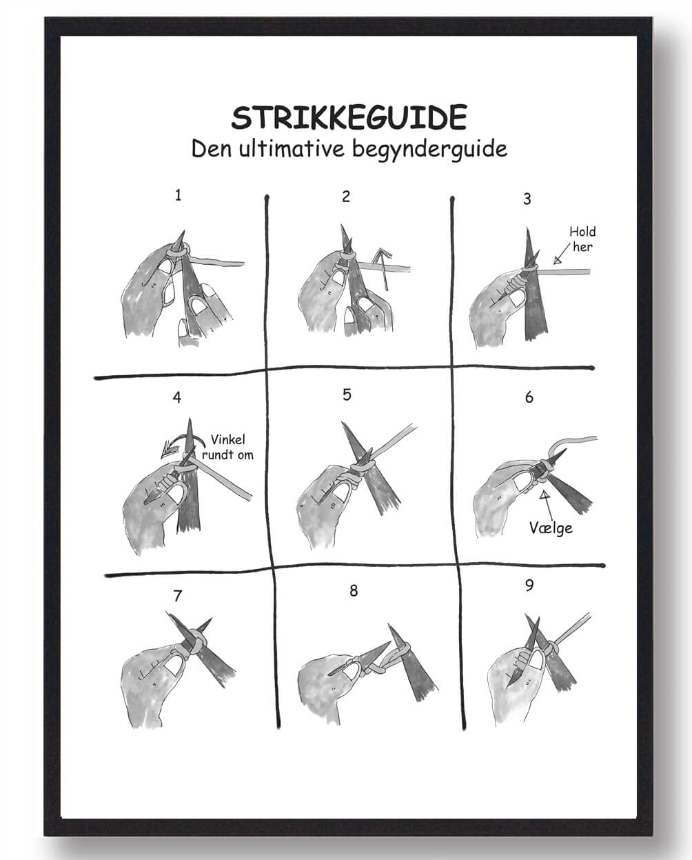 Strikkeguiden Strikkeplakat  Sort Hvid   Størrelse:   21x29 7cm  A4