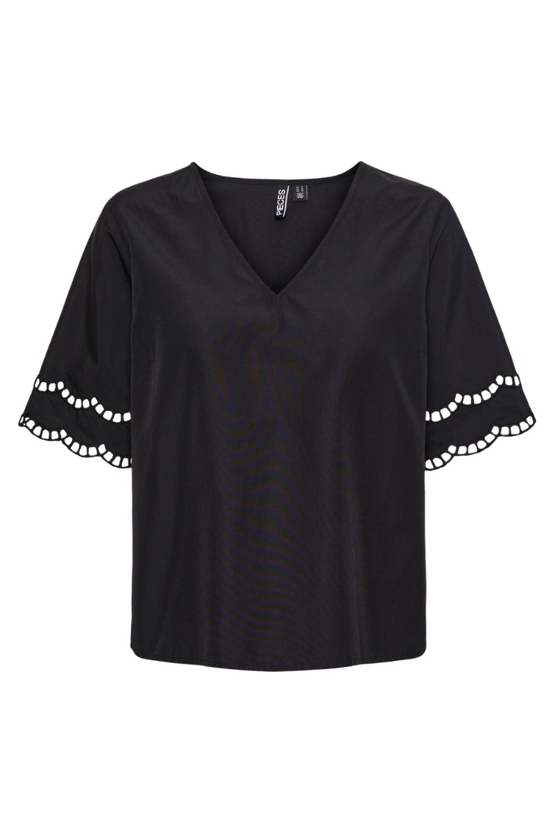 Bluse   Pc Sara Ss V Neck Top Camp   Black fra Pieces